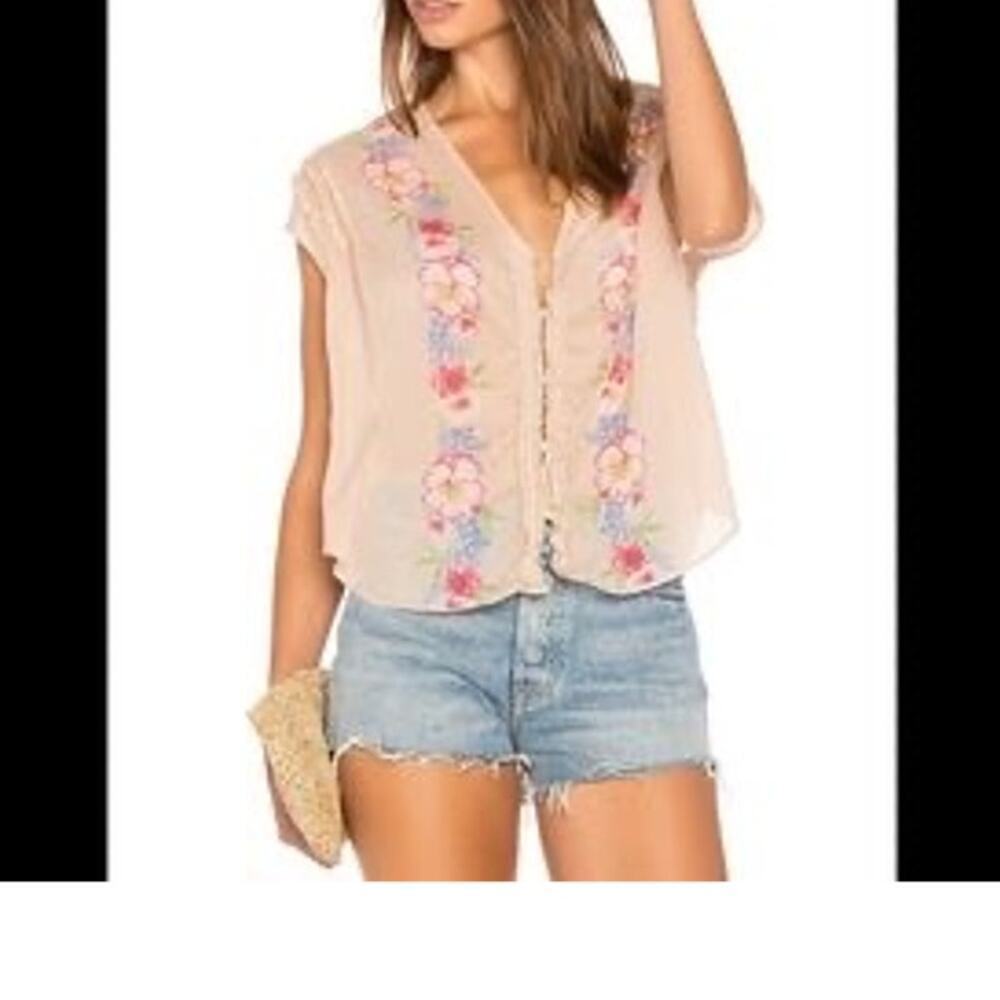 Free People Blush Pink Floral Embroidered Sheer Blouse